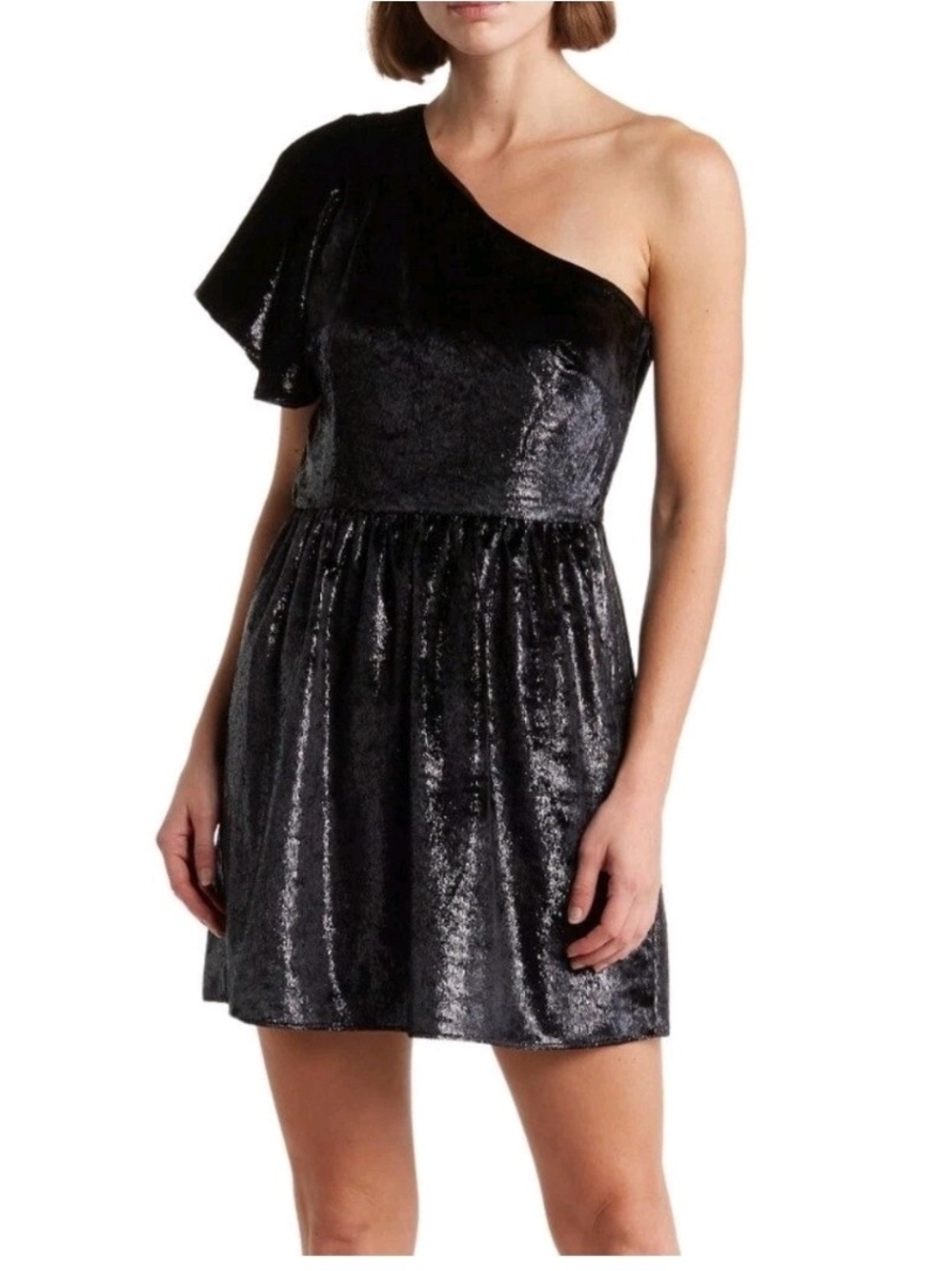 7 For All Mankind One-Shoulder Black Metallic Velour Fit & Flare Dress